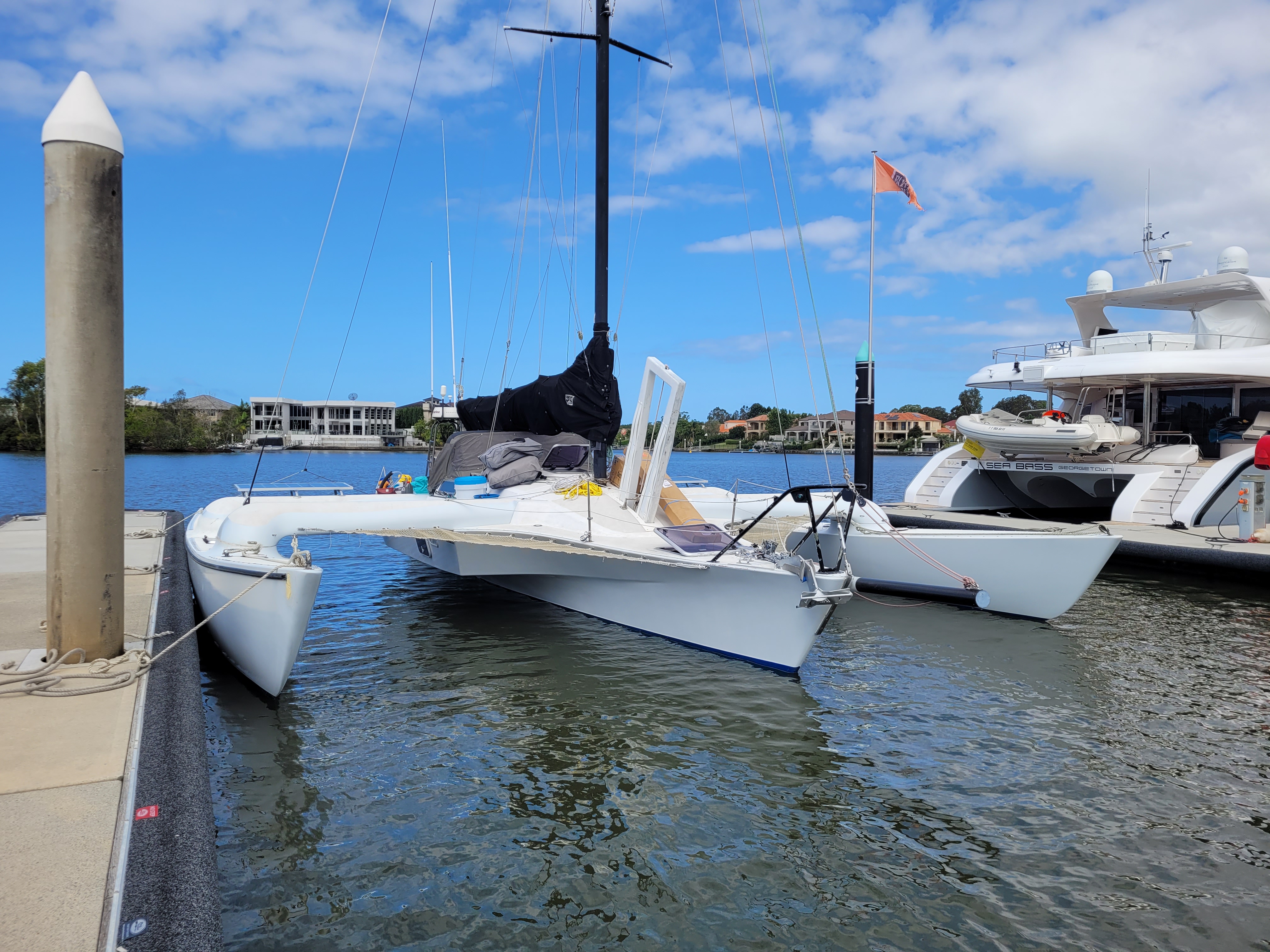 trimaran afloat, and on the haulout dock for leak inspection